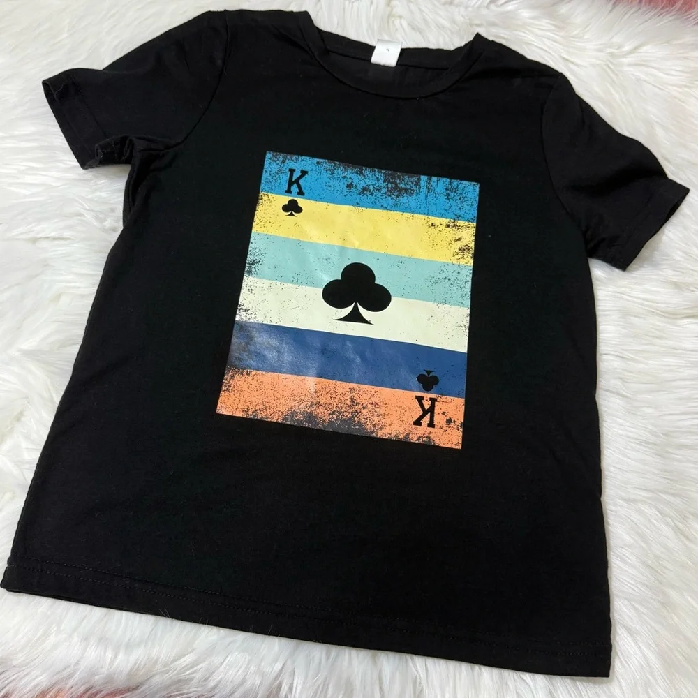 SHEIN Youth Boy Size 7Y Black Short Sleeve Tee with Colorful Card Design